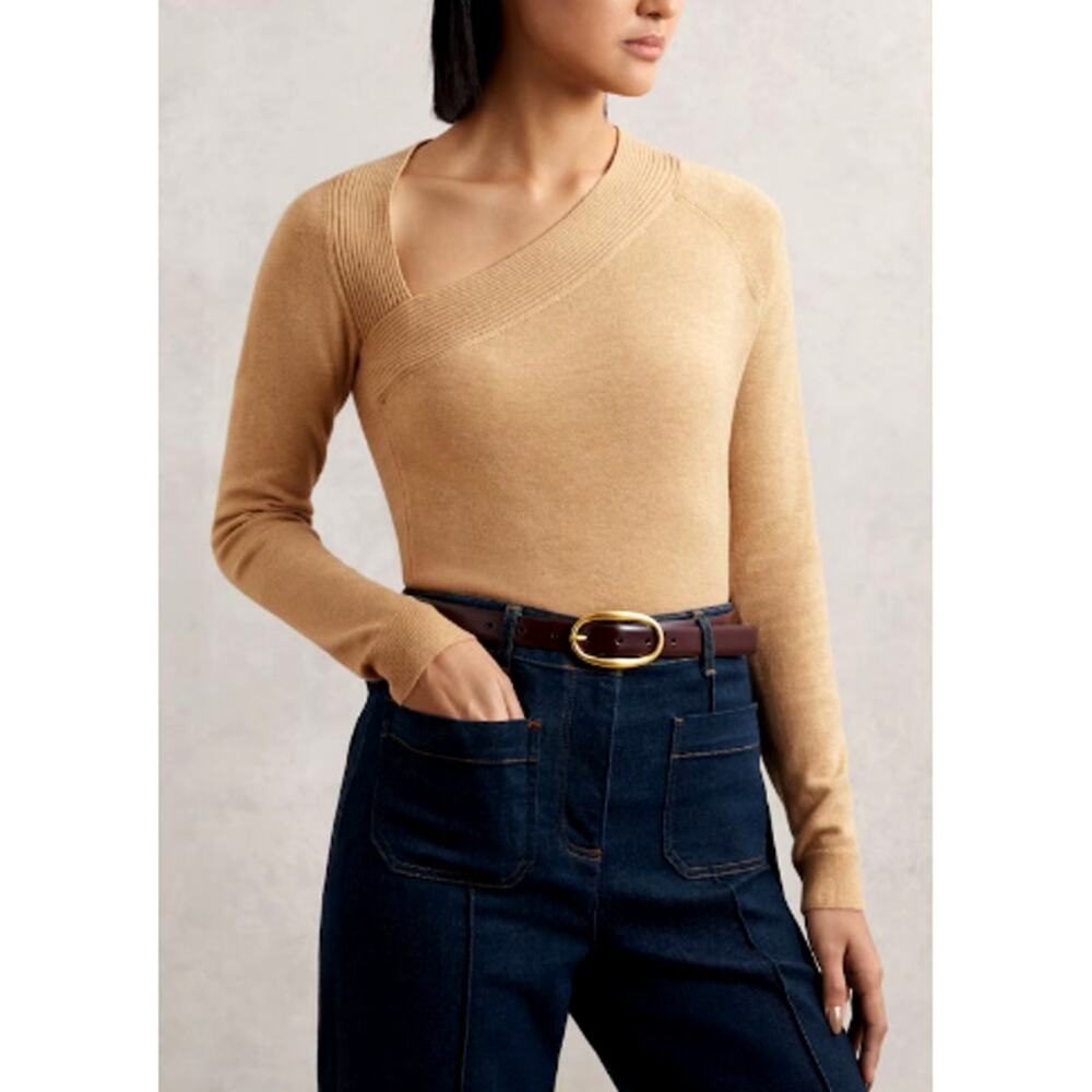 Reiss Women's Camel Long Sleeves Wool Blend Zoie Asymmetric Knit Top Size S